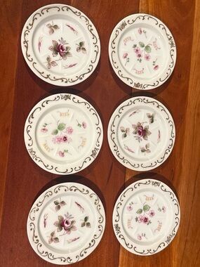 Vintage Set of 6 White Porcelain Dessert Plates with Pink Floral and Gold Trim